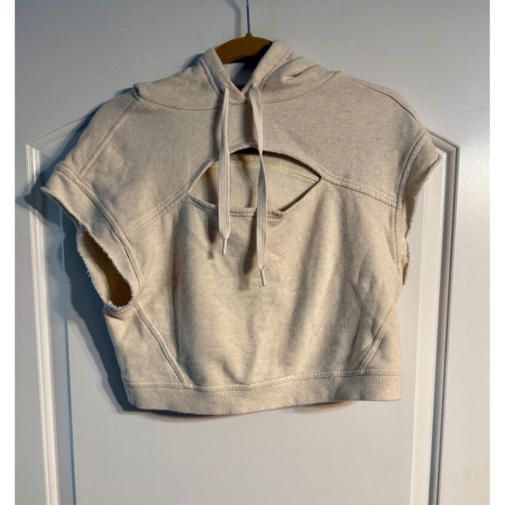 OFFLINE by Aerie Hoodie Small Oatmeal Cropped Cutout Cap Sleeve Cozy Athleisure